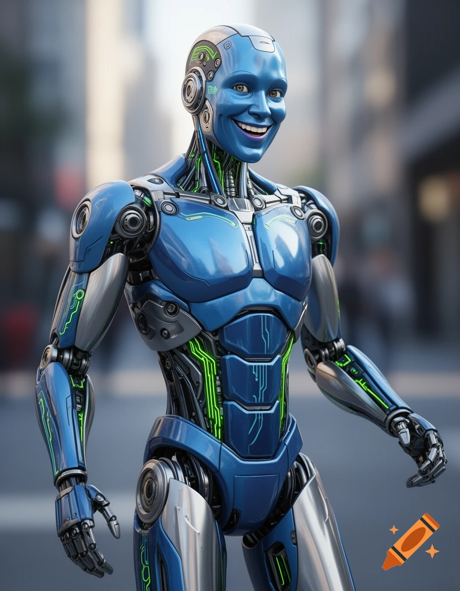 A photorealistic 3D image of a shiny blue and silver humanoid cyborg with glowing green circuits, smiling broadly on a blurred city street.