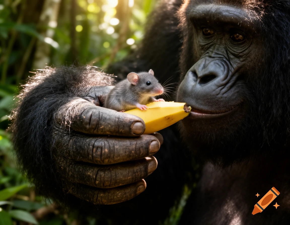 A large gorilla's hand gently holds a small mouse sitting on a banana, as the gorilla looks towards it in a lush forest.