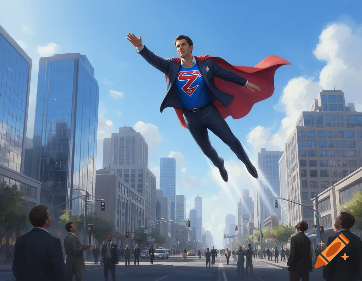 A businessman in a suit and red cape with a Z-logo on his chest flies over a bustling city street during the day, watched by people below.