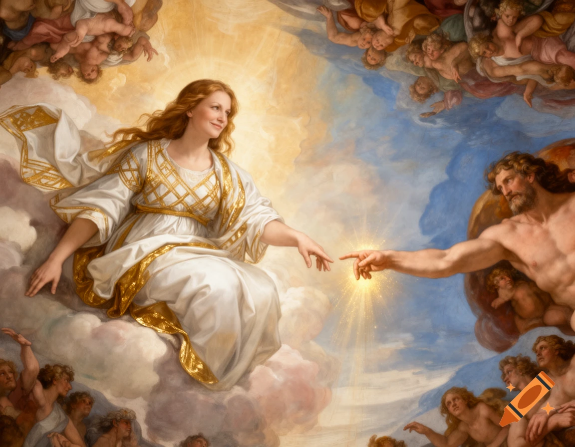 Classical painting of a woman in white and gold reaching to touch a muscular bearded man's finger, surrounded by cherubs on clouds in a celestial scene.