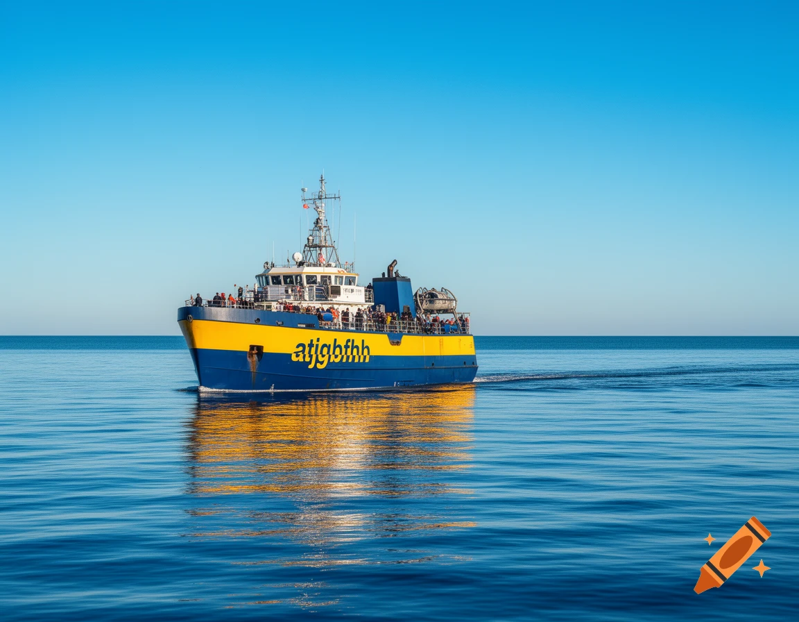 A blue and yellow ship with 'atjgbfhh' on its side sails on a calm blue ocean under a clear sky.