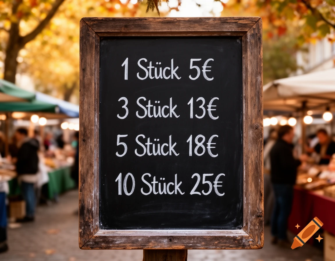 A photorealistic image of a chalkboard sign at an autumn market displaying German prices: 1 piece 5€, 3 pieces 13€, 5 pieces 18€, 10 pieces 25€.