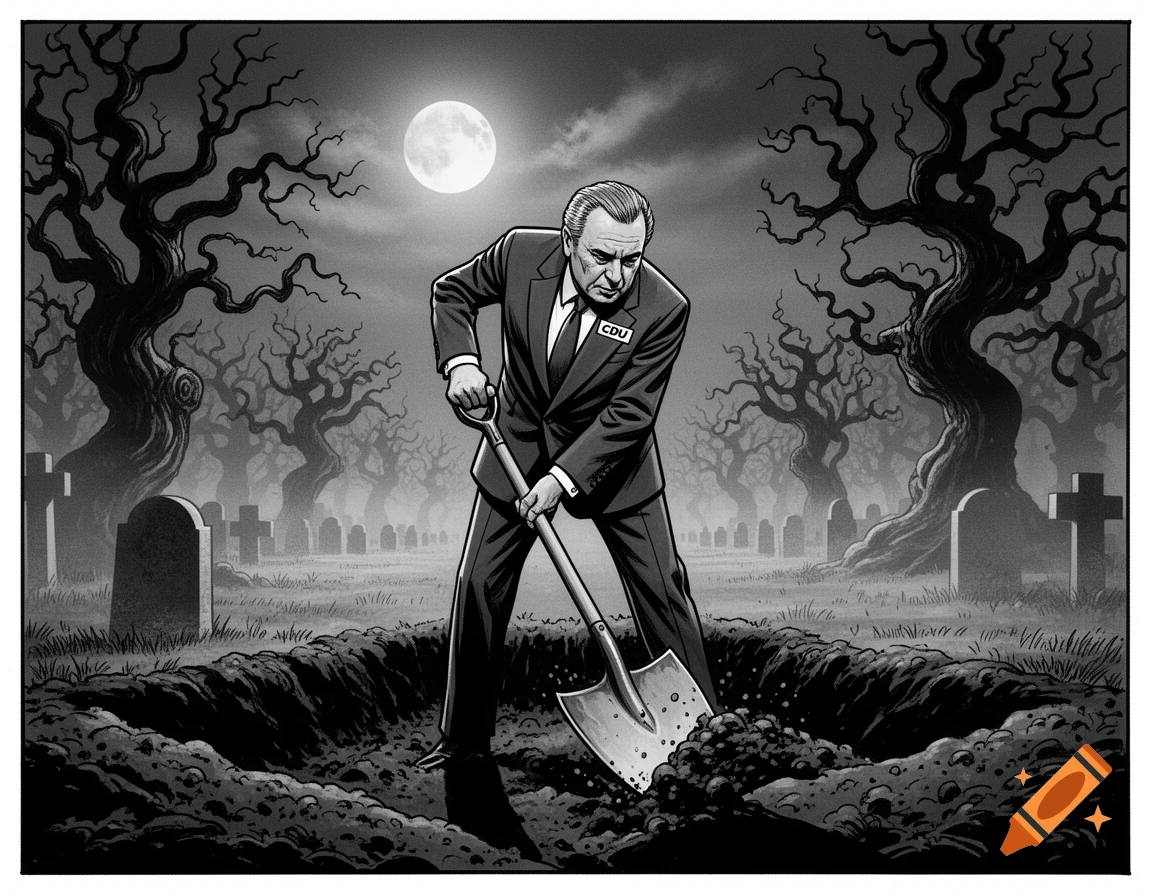 A man in a suit with a CDU badge digs a grave in a moonlit cemetery, comic art style.