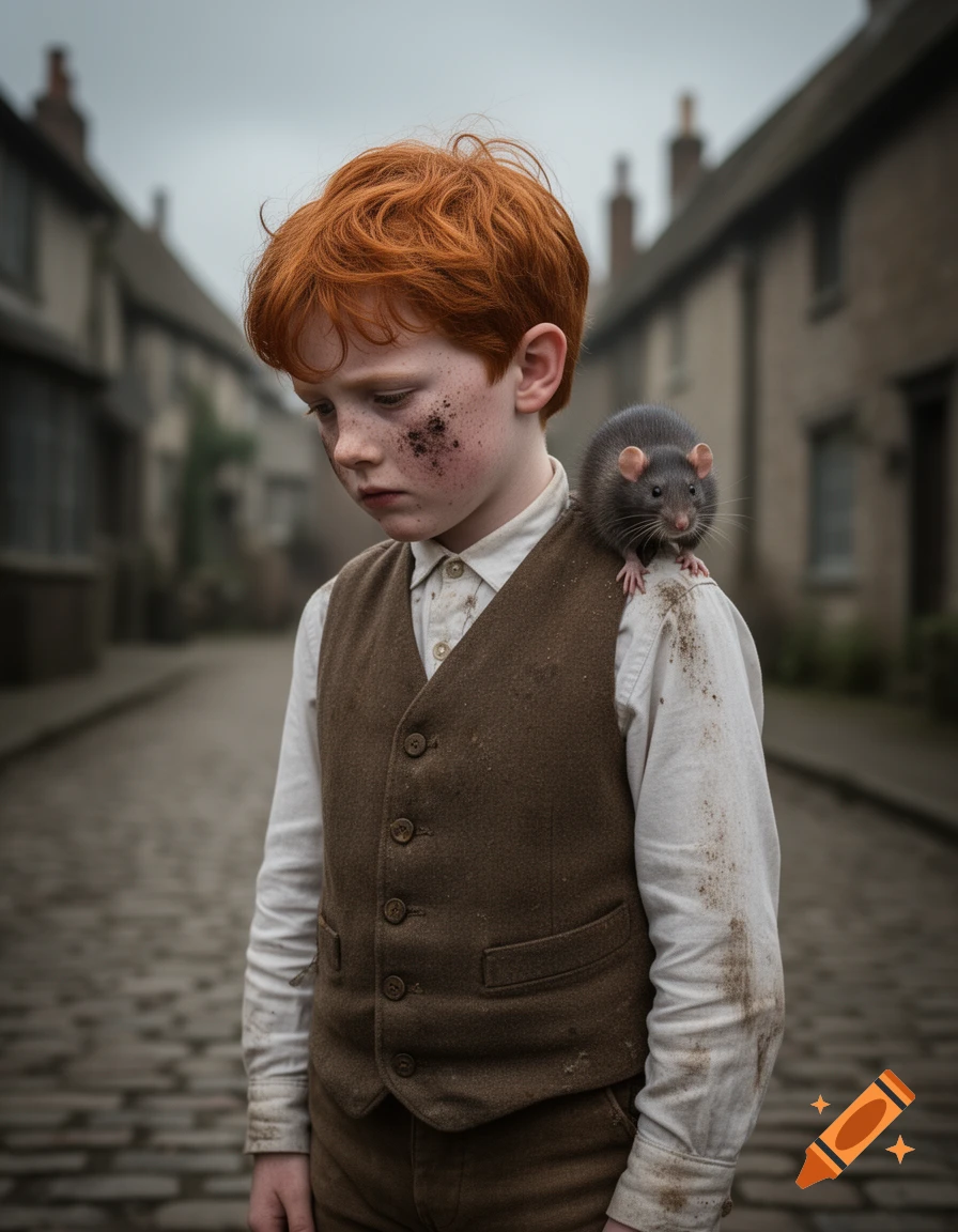 A sad, red-haired Victorian boy with dirt on his face stands in an old street with a rat on his shoulder.