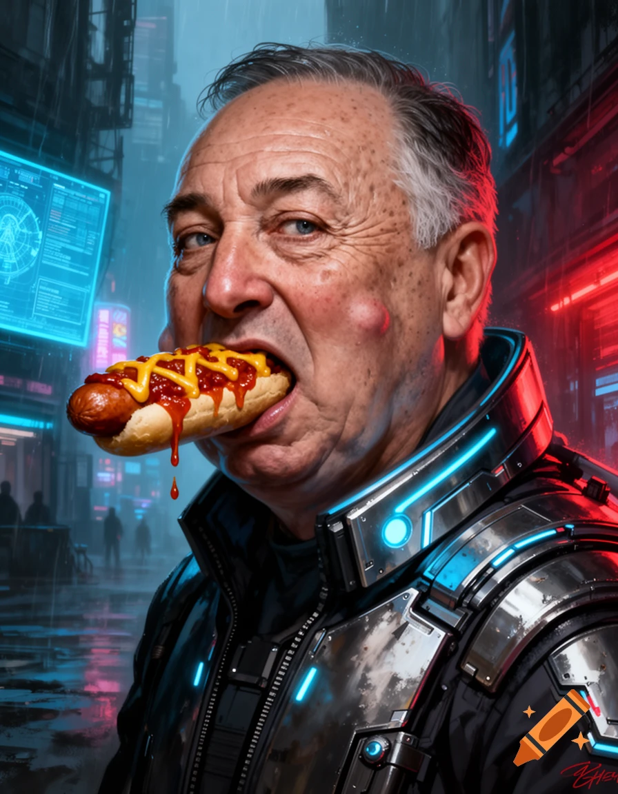 A grizzled man resembling Alfred Hitchcock in a cyberpunk jacket intensely eats a chili-cheese hotdog on a neon-lit futuristic street.