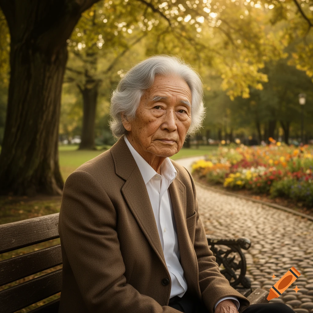 An elderly Asian man with gray hair sits on a park bench, looking at the viewer, with autumn trees and flowers in the background.