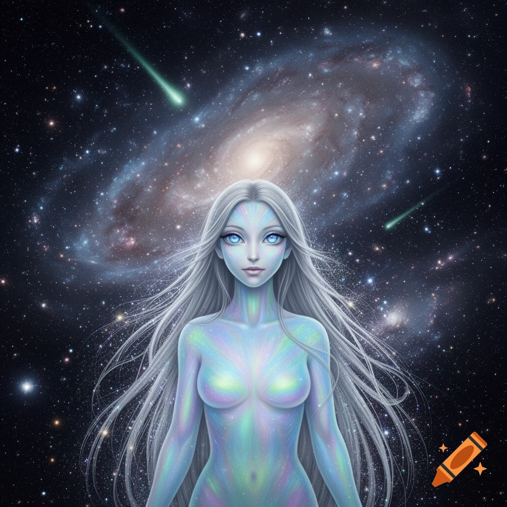 An ethereal glowing alien woman with long white hair and blue eyes stands against a cosmic backdrop of a galaxy, stars, and comets.