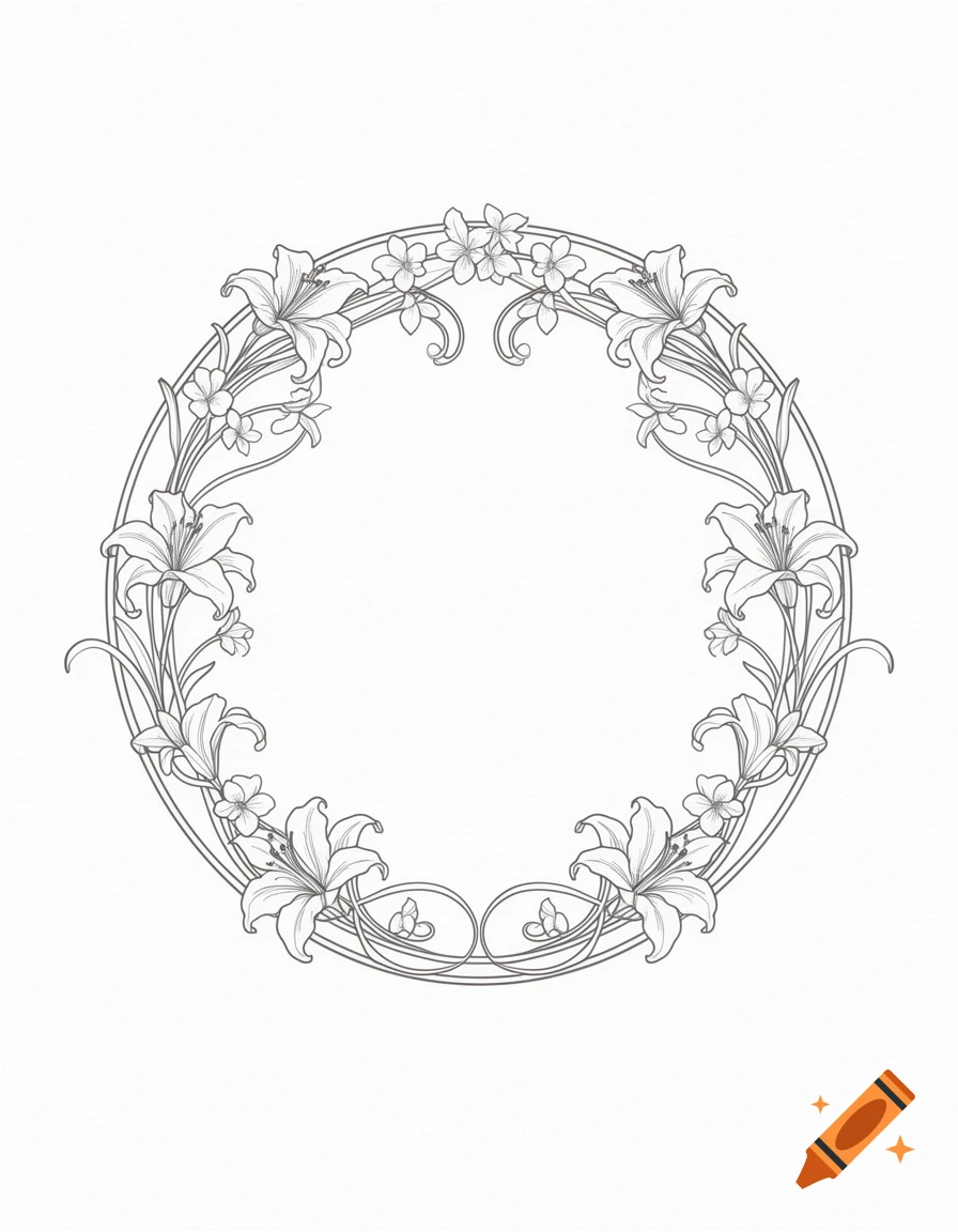 An elegant Art Nouveau circular frame with delicate lilies and floral vines, rendered in monochromatic fine line art on a white background.