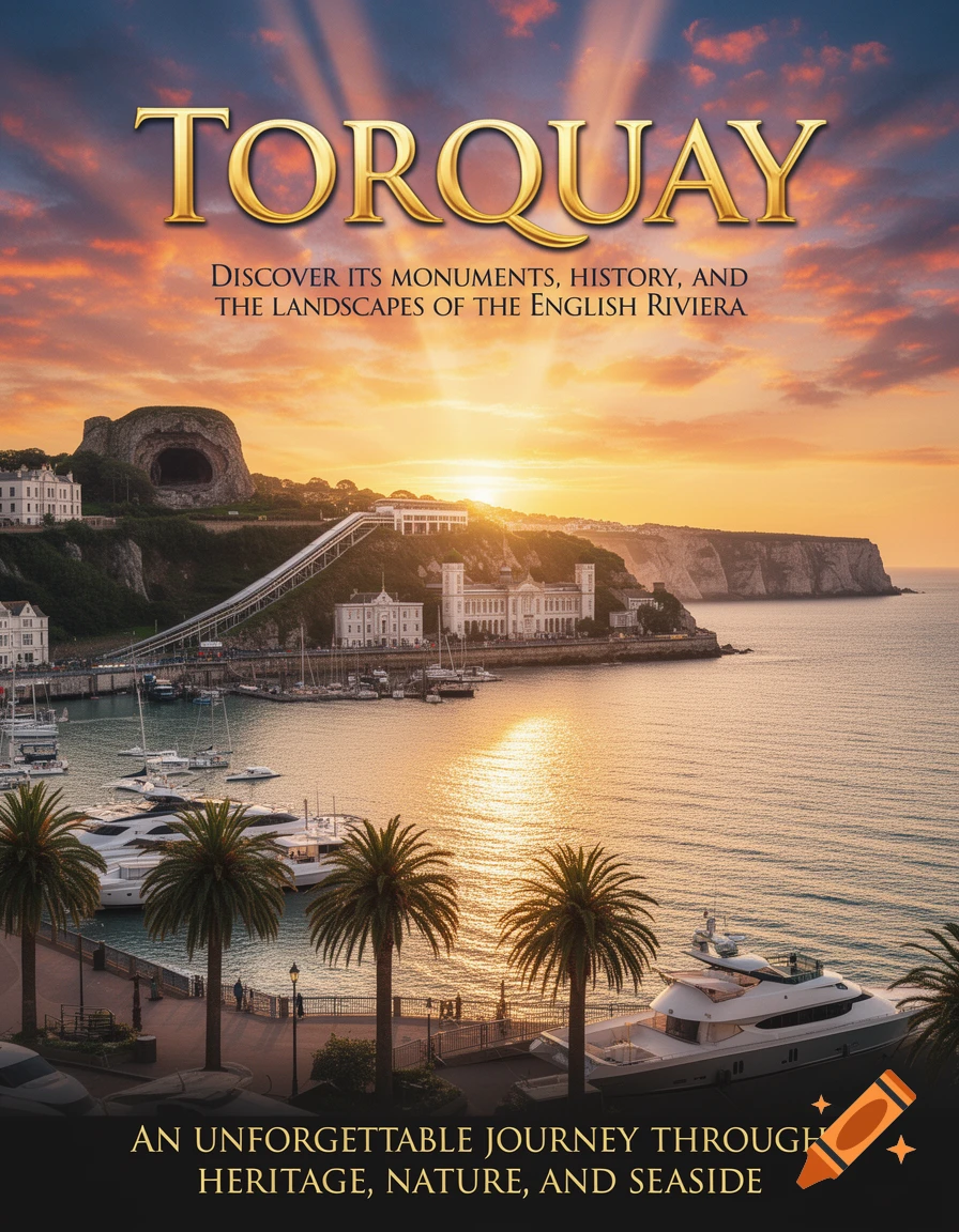 A vibrant movie poster for Torquay, England, showing its panoramic harbor at sunset with golden light reflecting on the sea, palm trees, yachts, and iconic landmarks like Kents Cavern and cliffs. Text overlays promote discovery, history, and natural beauty.