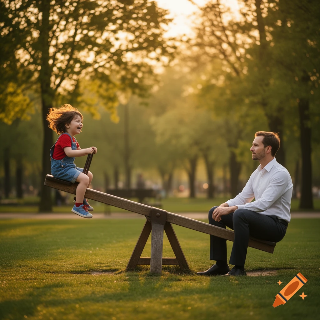 A laughing child and an adult sit on a seesaw in a sunlit park, surrounded by green trees.