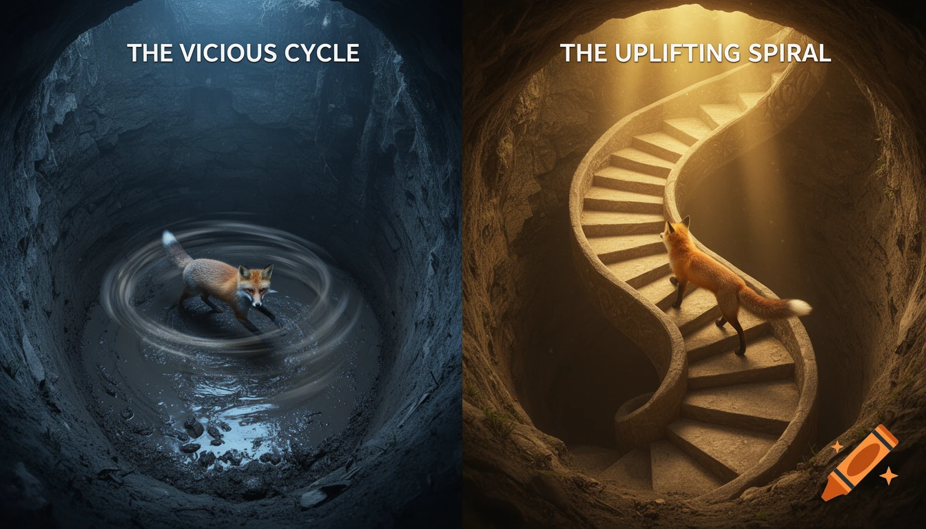 Split screen contrasting 'The Vicious Cycle' with a fox in a dark pit and 'The Uplifting Spiral' with a fox climbing a sunlit stone staircase.
