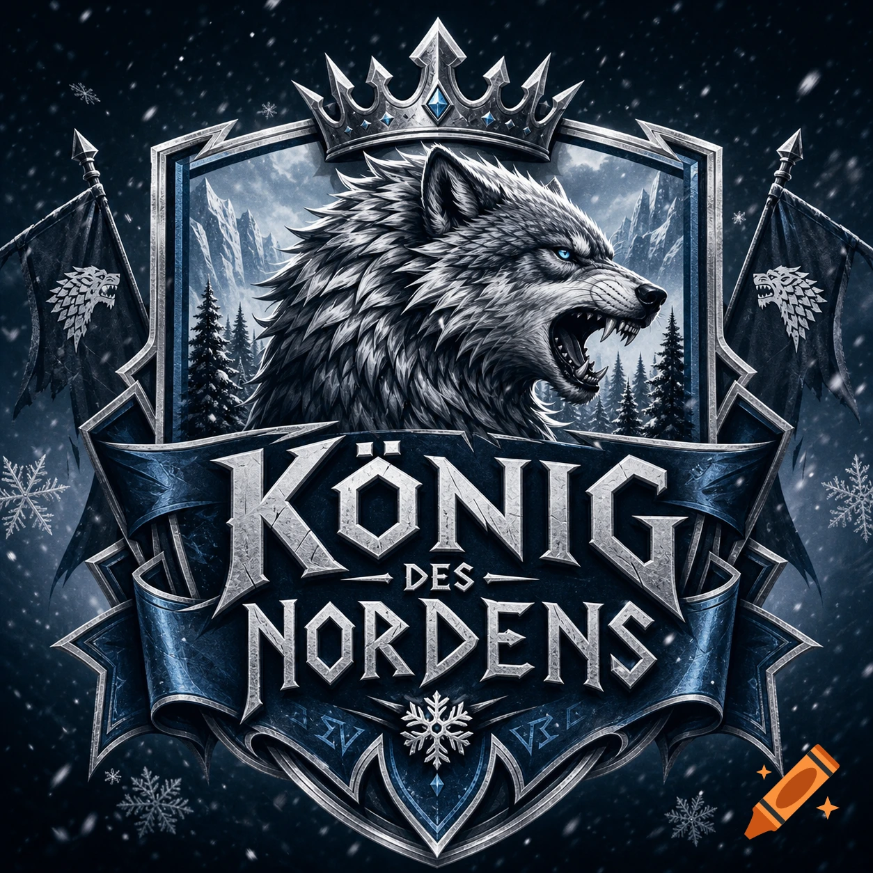 A stylized emblem featuring a snarling wolf, a crown, and the text "K K Ö NIG DES NORDENS" on a shield, set against a snowy background.