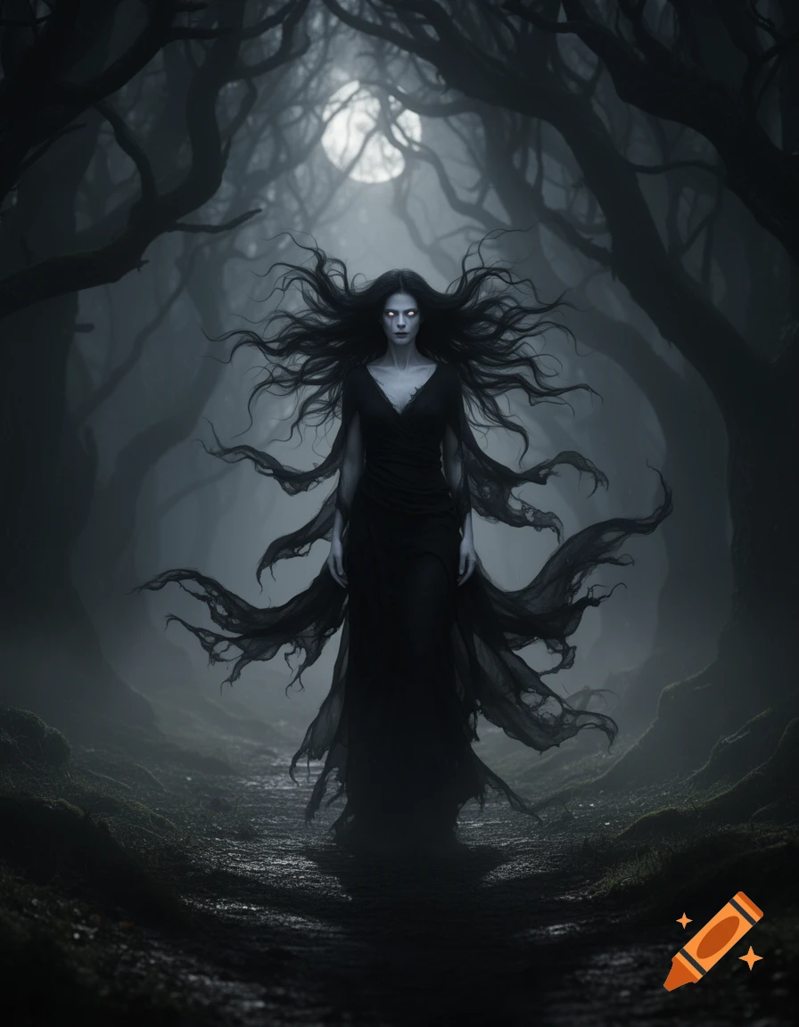 A ghostly woman with wild black hair, glowing white eyes, and a flowing black dress stands in a dark, foggy forest under a full moon.