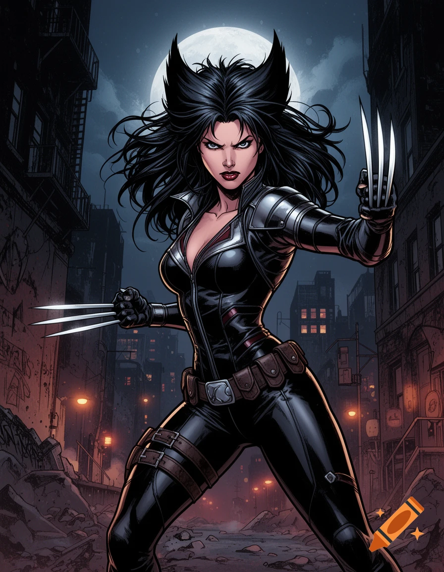 Comic-style illustration of a dark-haired woman resembling X-23 with claws, wearing a black suit in a gritty city street at night under a full moon.