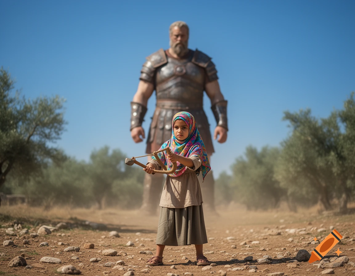 A small Muslim girl in a colorful hijab holds a slingshot, facing a giant armored man in a dusty field with olive trees, under a blue sky.