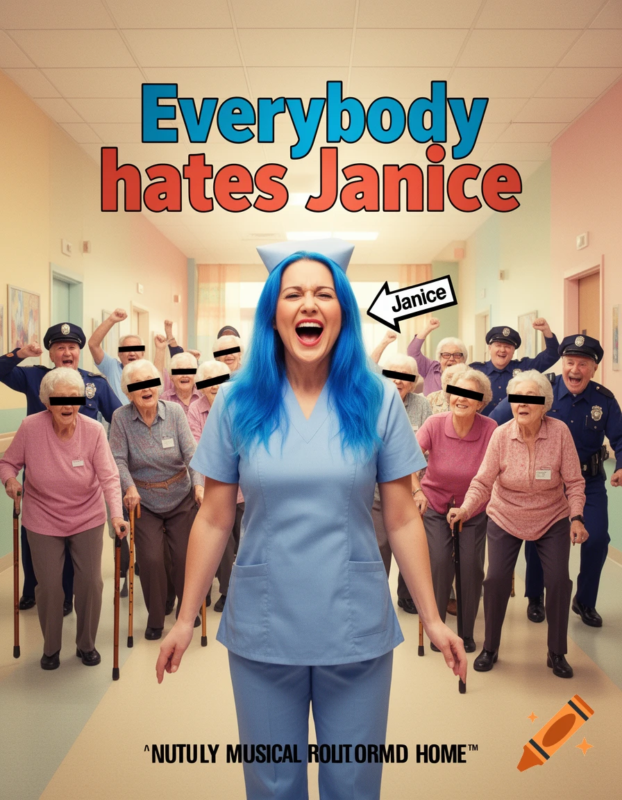 A poster for a musical titled "Everybody hates Janice." A blue-haired nurse in scrubs stands front and center, screaming, with an arrow pointing to her labeled "Janice." Behind her, a crowd of angry elderly people with black bars over their eyes, holding canes, and some cops with raised fists, fill a hospital hallway.