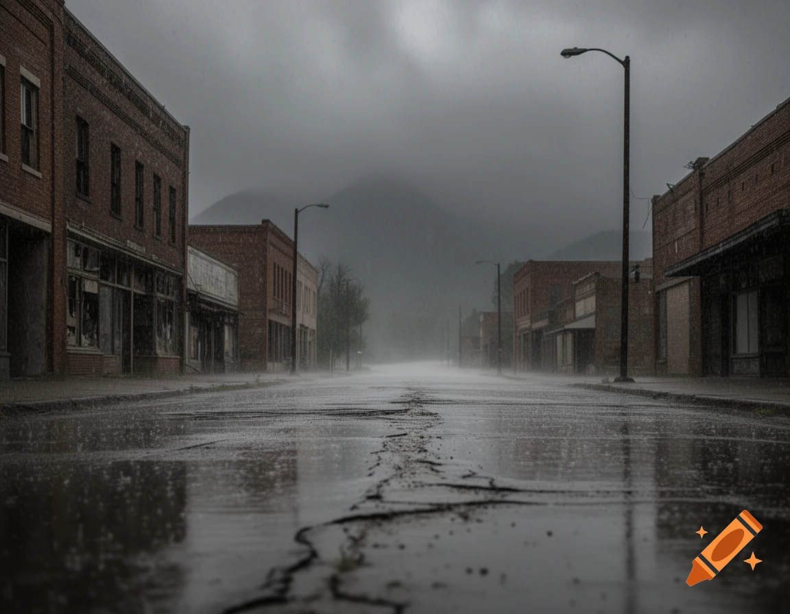 Rain falls on a cracked, wet road in a deserted town, lined with old brick buildings under a gloomy sky.