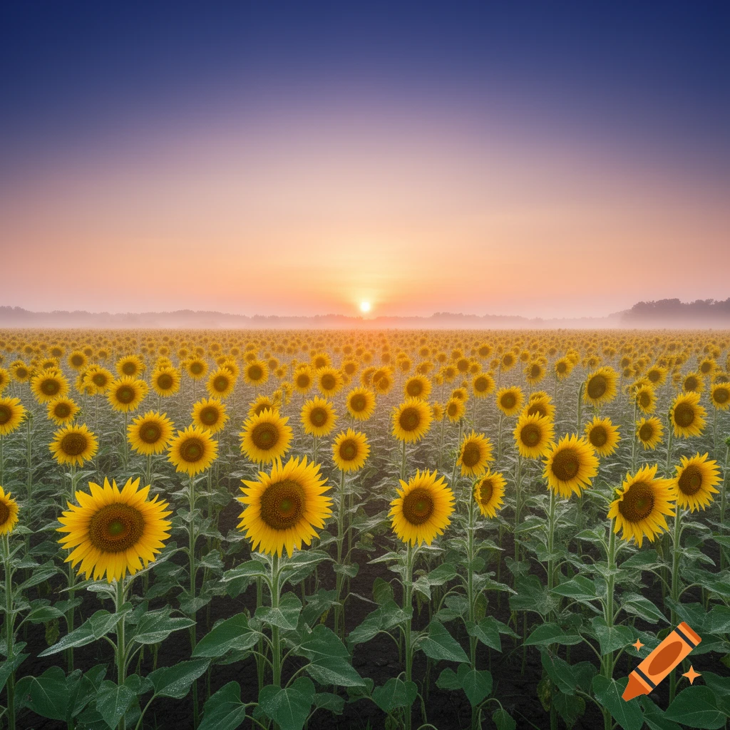 A vast field of yellow sunflowers under a blue and orange sunrise sky, with a misty horizon.