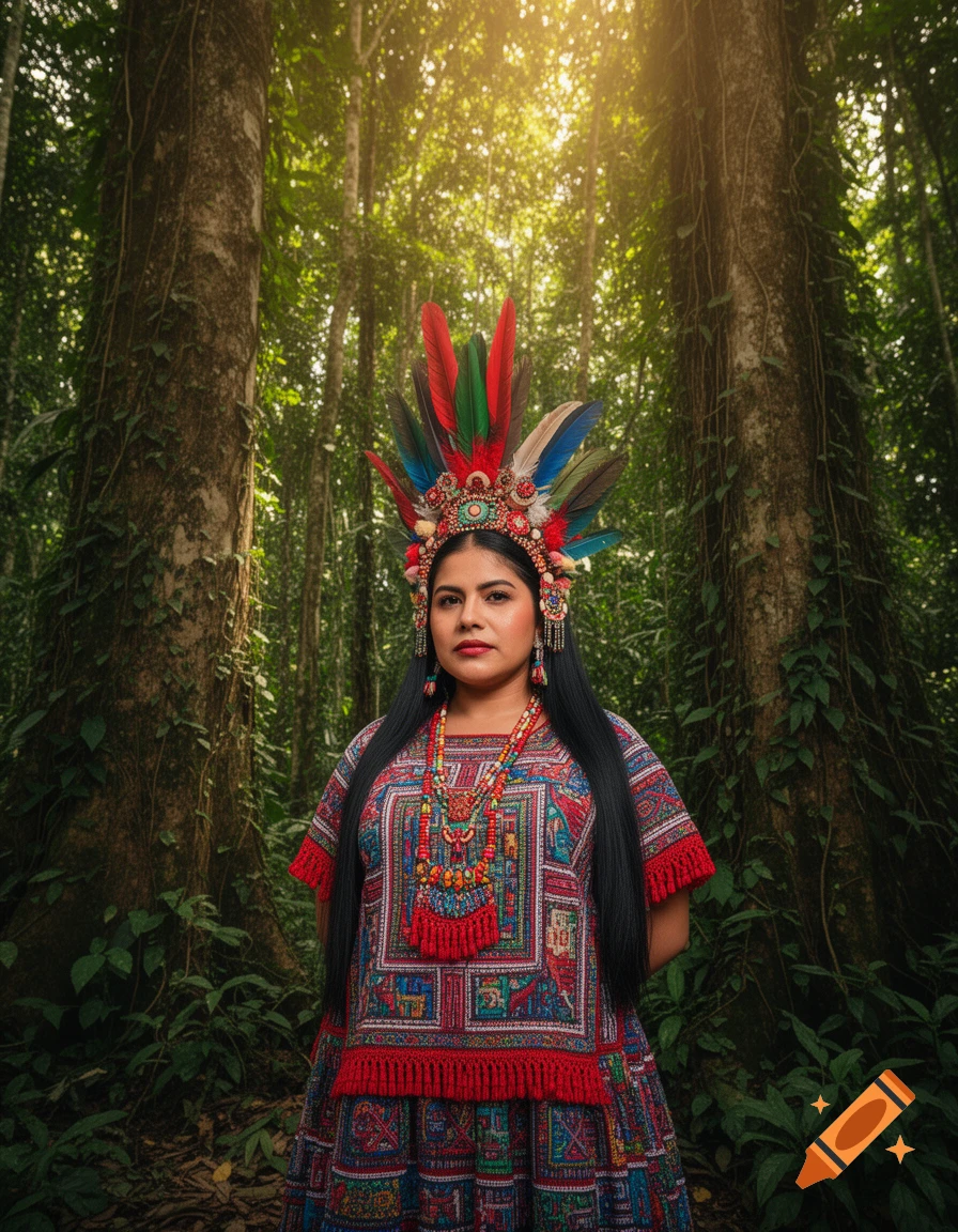 A woman in a vibrant feathered headdress and ornate traditional Mayan dress stands in a sunlit jungle.