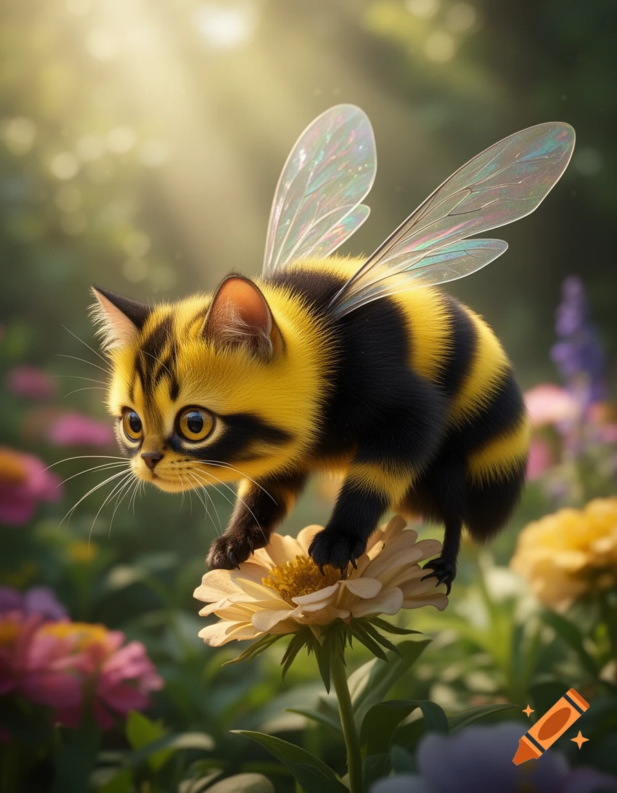 A cute, fluffy cat with yellow and black bee stripes and iridescent wings stands on a pale yellow flower in a sunny, soft-focus garden.