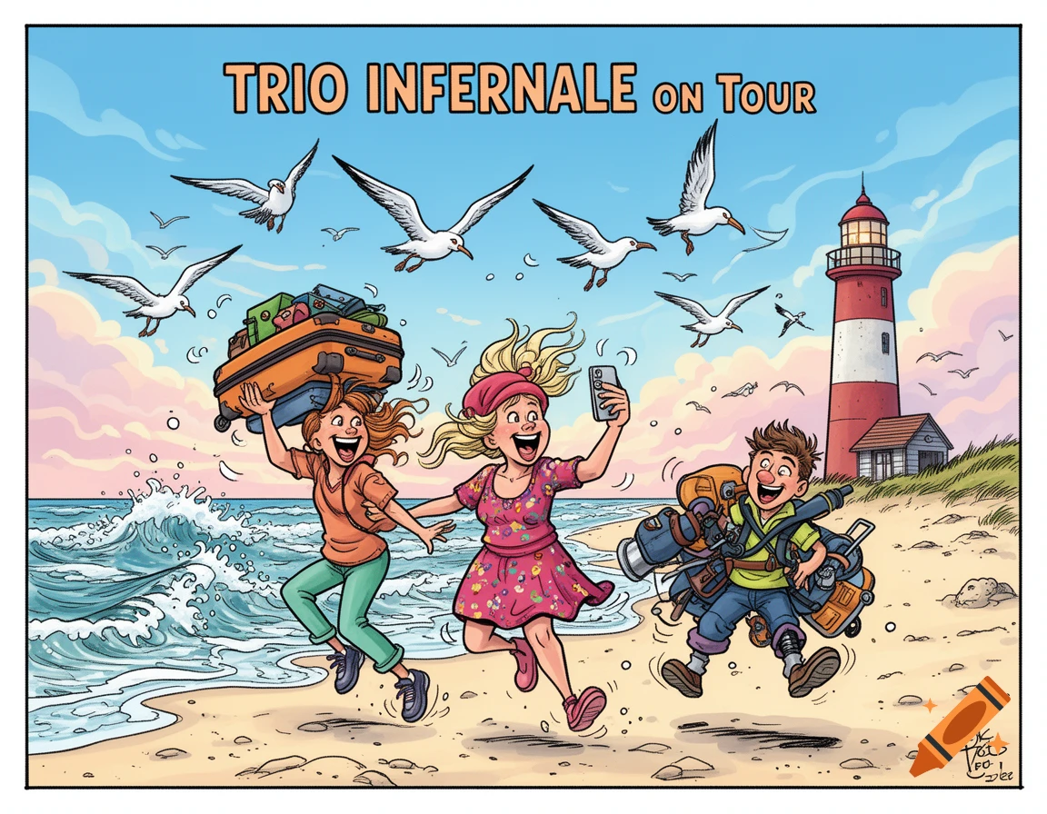 A humorous comic illustration of a chaotic trio, two women and a boy, happily running on a beach with a lighthouse, seagulls, and luggage, under the text "TRIO INFERNALE ON TOUR".