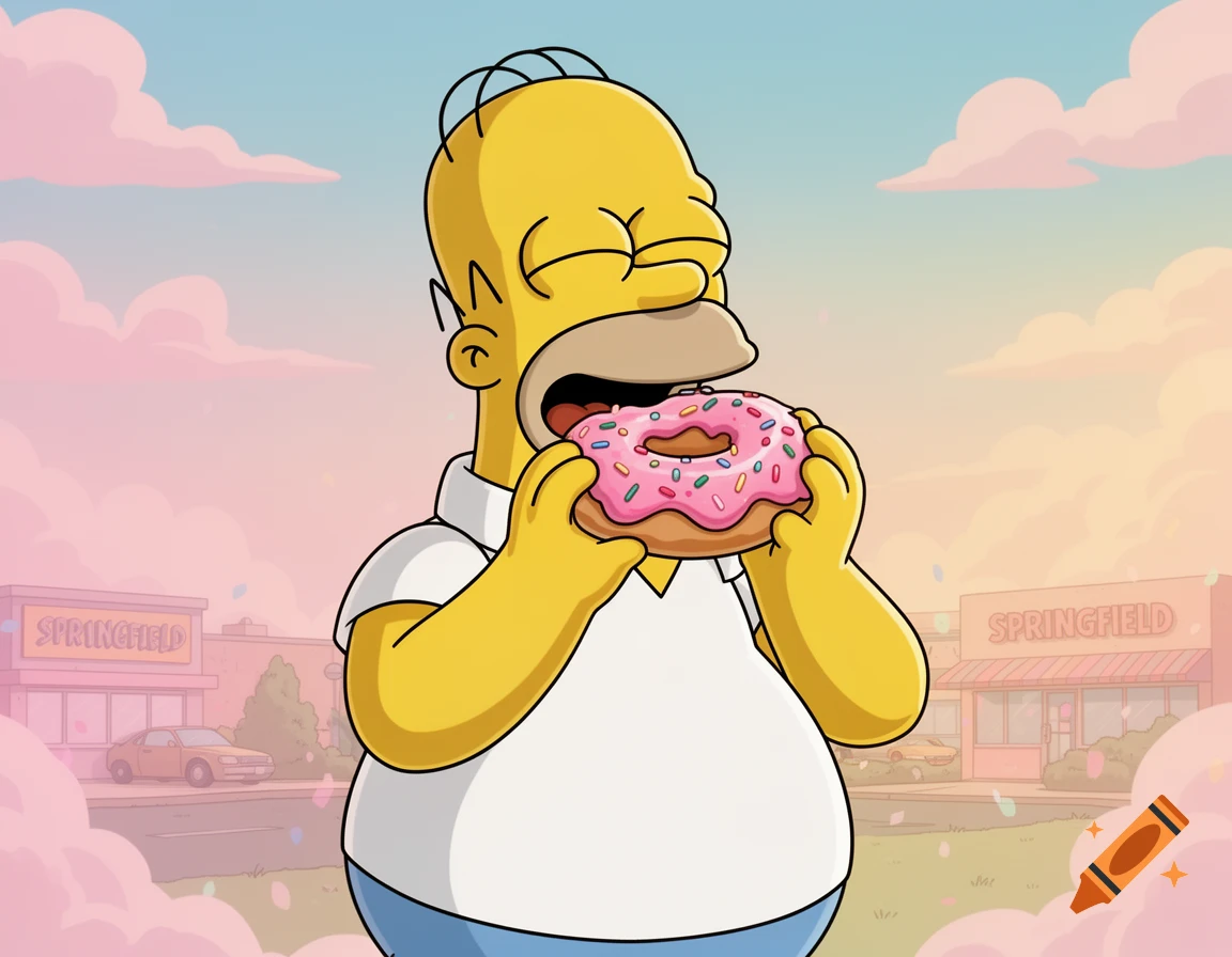 Homer Simpson, a yellow cartoon character, happily eats a pink frosted donut with sprinkles in a cartoon style, with "Springfield" buildings in the background.