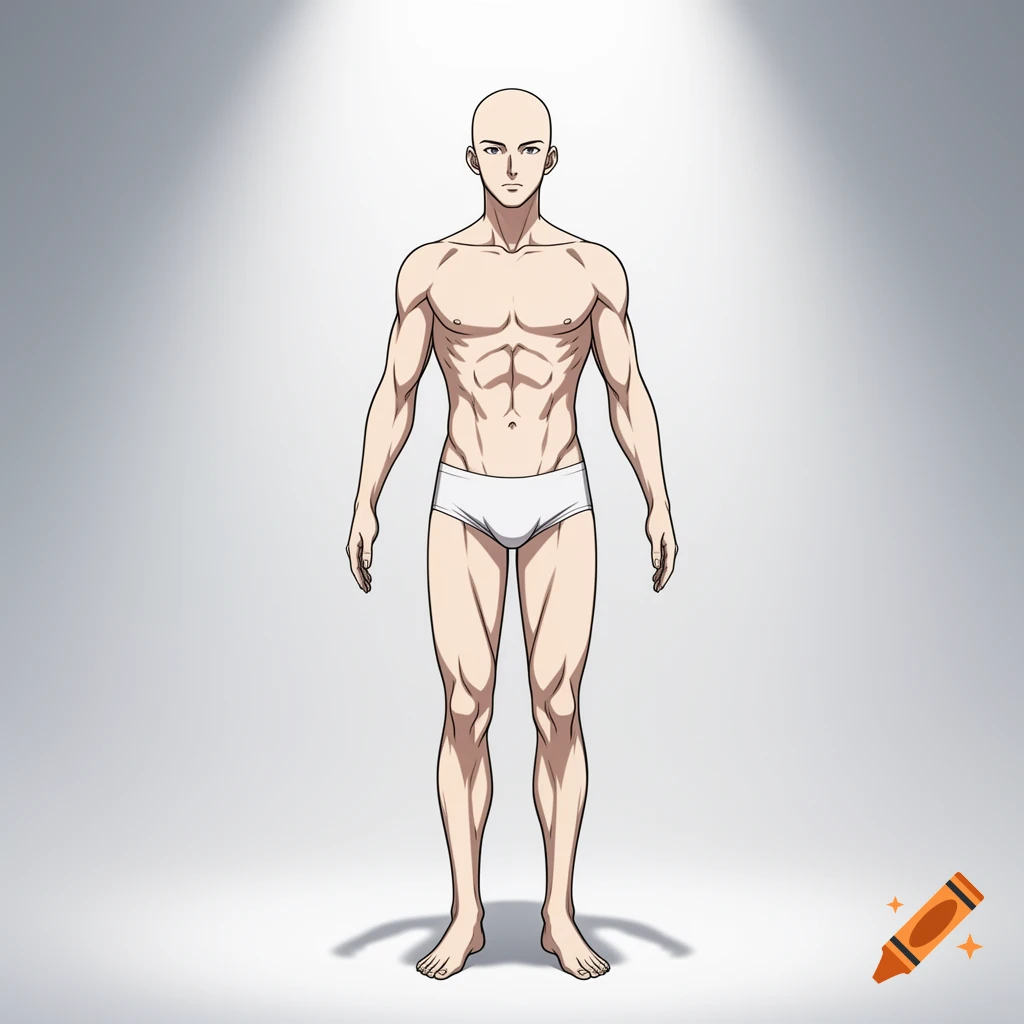 Anime style bald male character in briefs in an A-pose, standing under a spotlight.