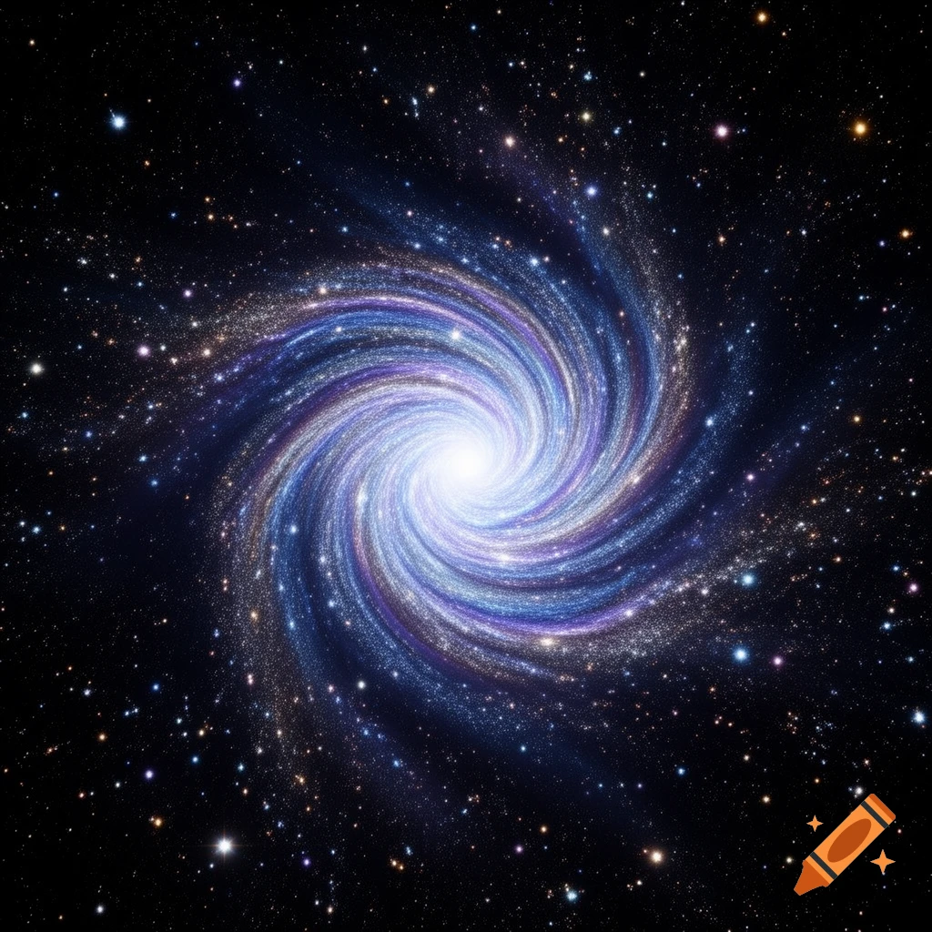 Bright spiral galaxy with blue and purple arms, surrounded by countless stars in deep space.