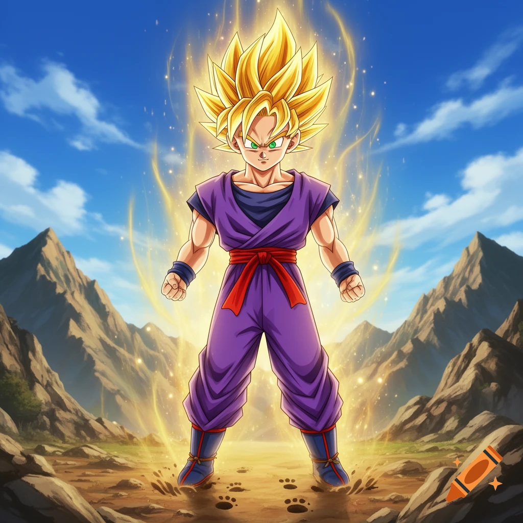 A powerful young anime boy with golden spiky hair and green eyes, wearing a purple gi, stands in a rocky landscape with a golden aura.