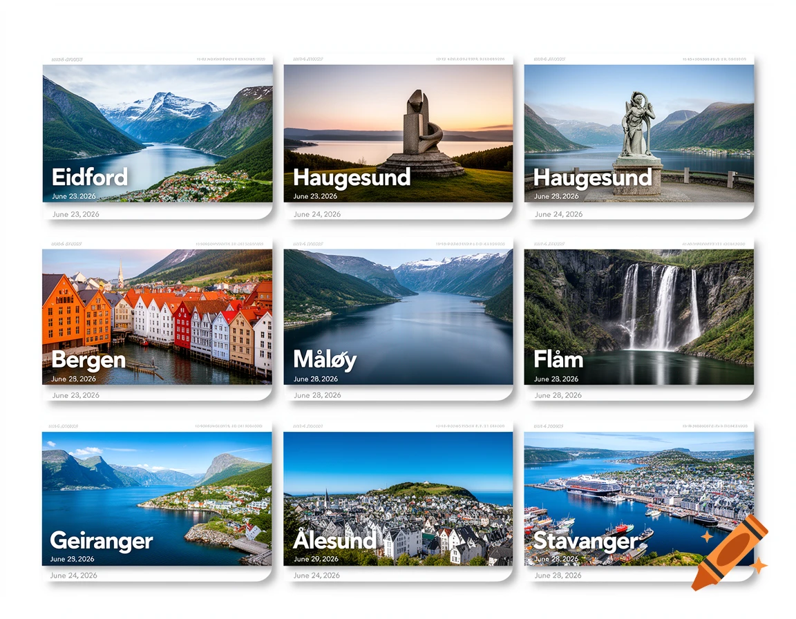 A grid of nine photorealistic postcard-style images depicting various Norwegian fjords, towns like Bergen and Stavanger, and natural landmarks with text overlays for location and date.