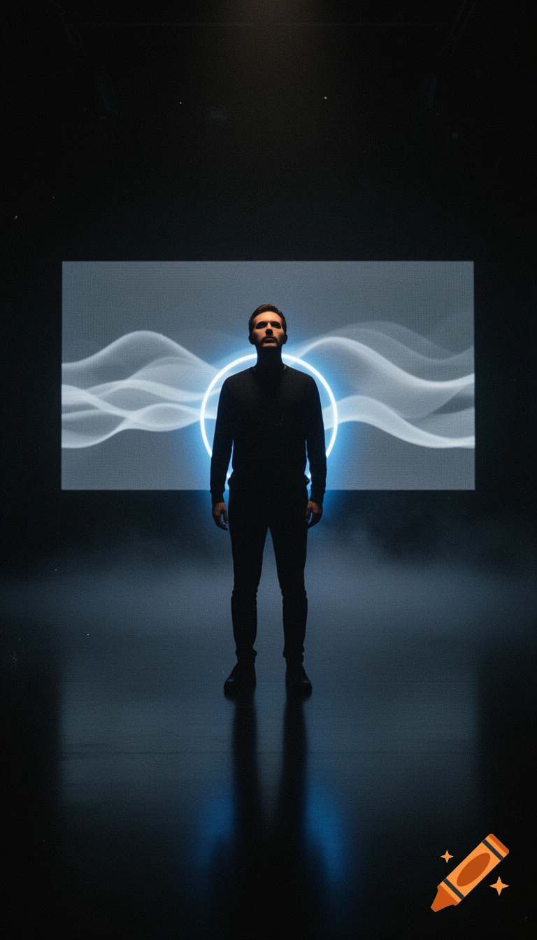 A man stands centered in a dark, minimalist studio with a glowing blue circle behind him and abstract white waves on an LED screen.