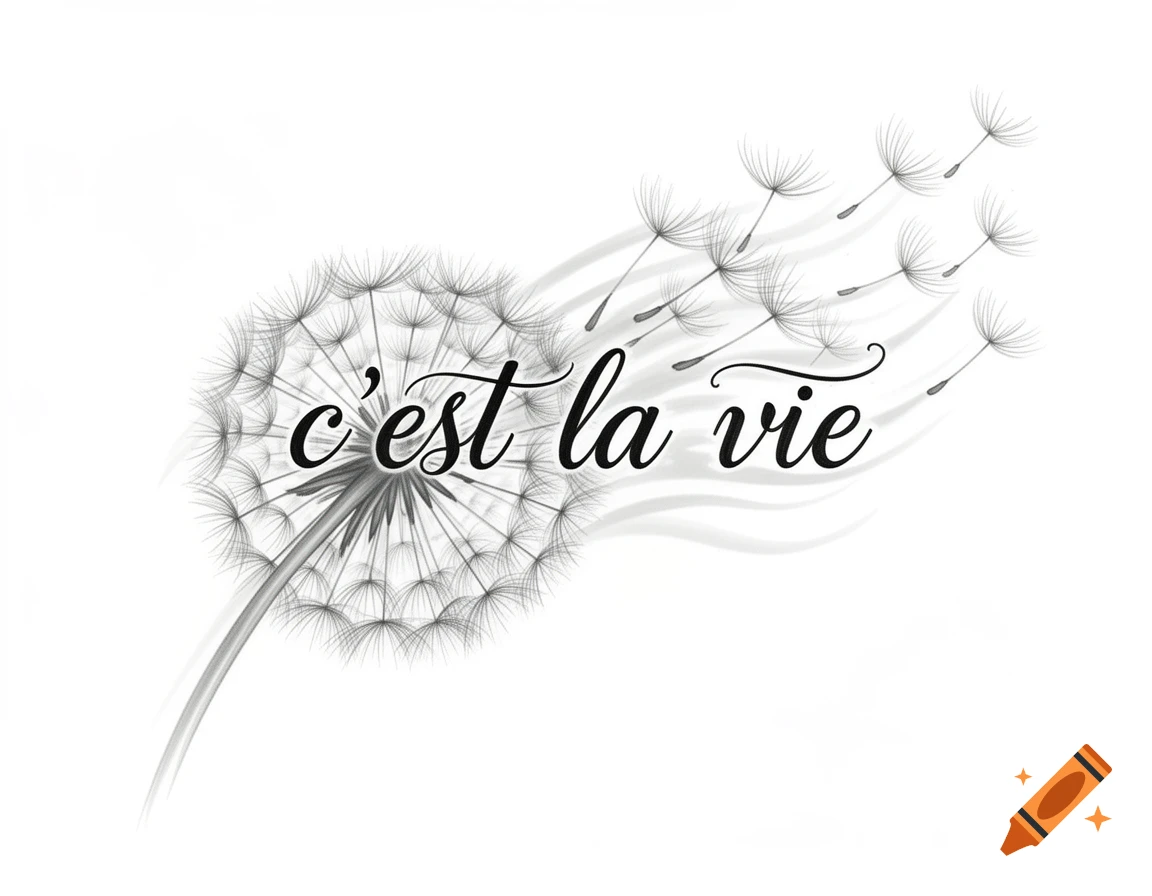Black and white illustration of a dandelion with 'c'est la vie' in elegant script.