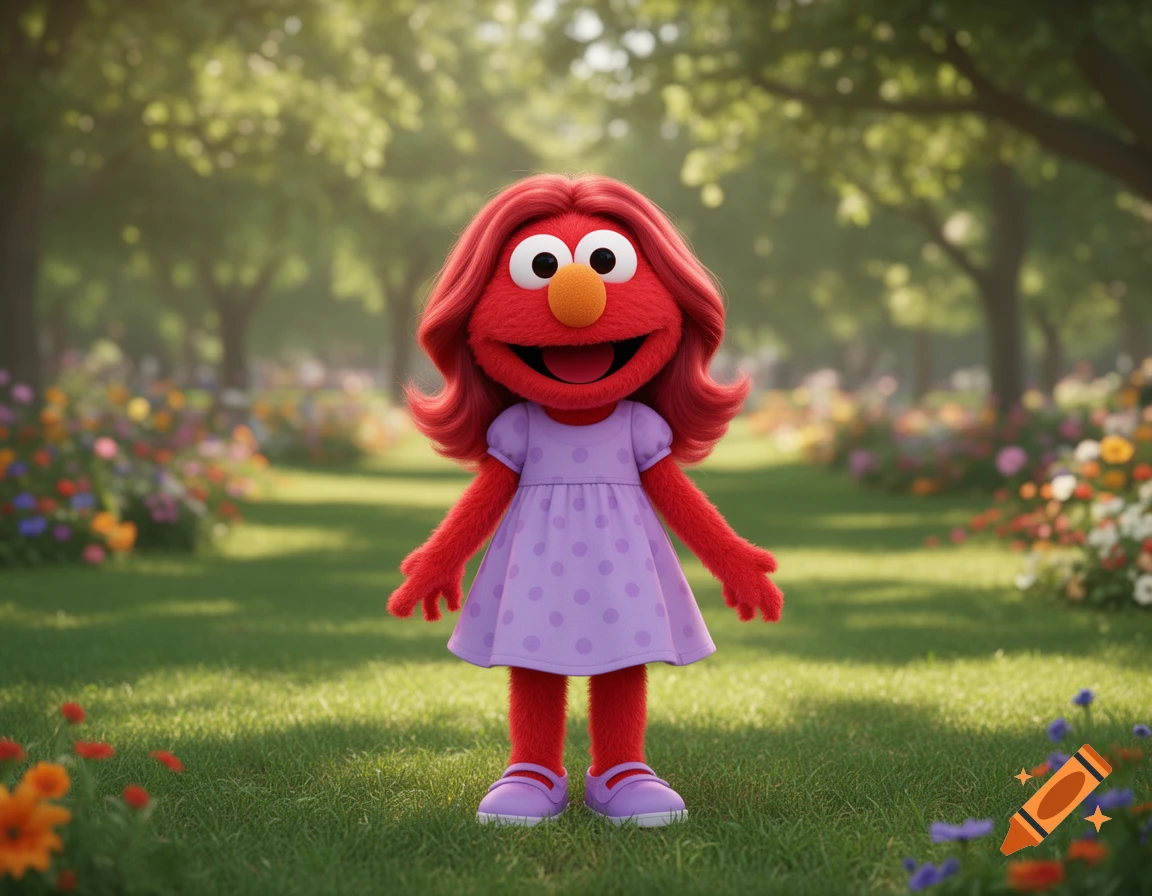 Elmo, reimagined as a girl with red hair and a purple polka dot dress, stands smiling in a sunny park filled with flowers.
