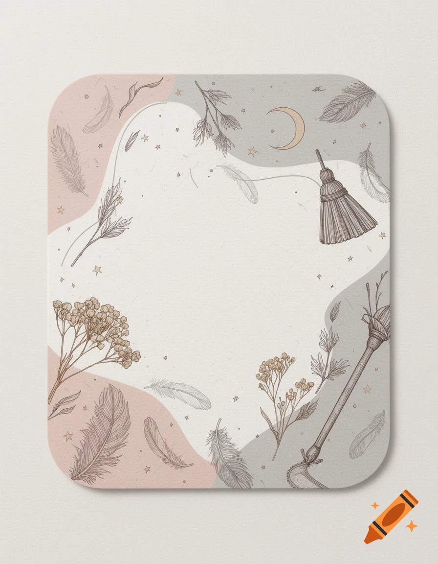 A pale, rounded-corner background with delicate line art of feathers, dried flowers, branches, a crescent moon, broom, and scythe in muted tones.