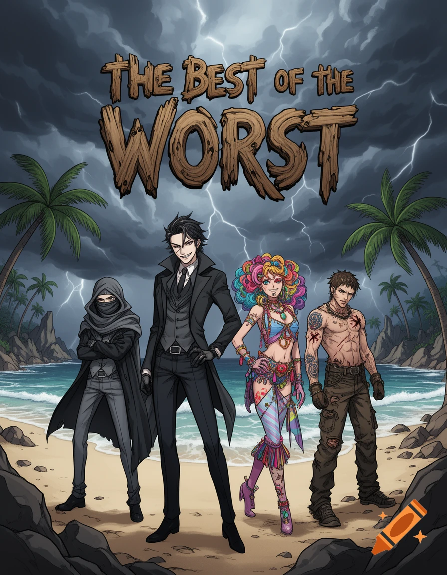Four stylized characters stand on a stormy beach with palm trees and lightning. Text reads 'THE BEST OF THE WORST'.