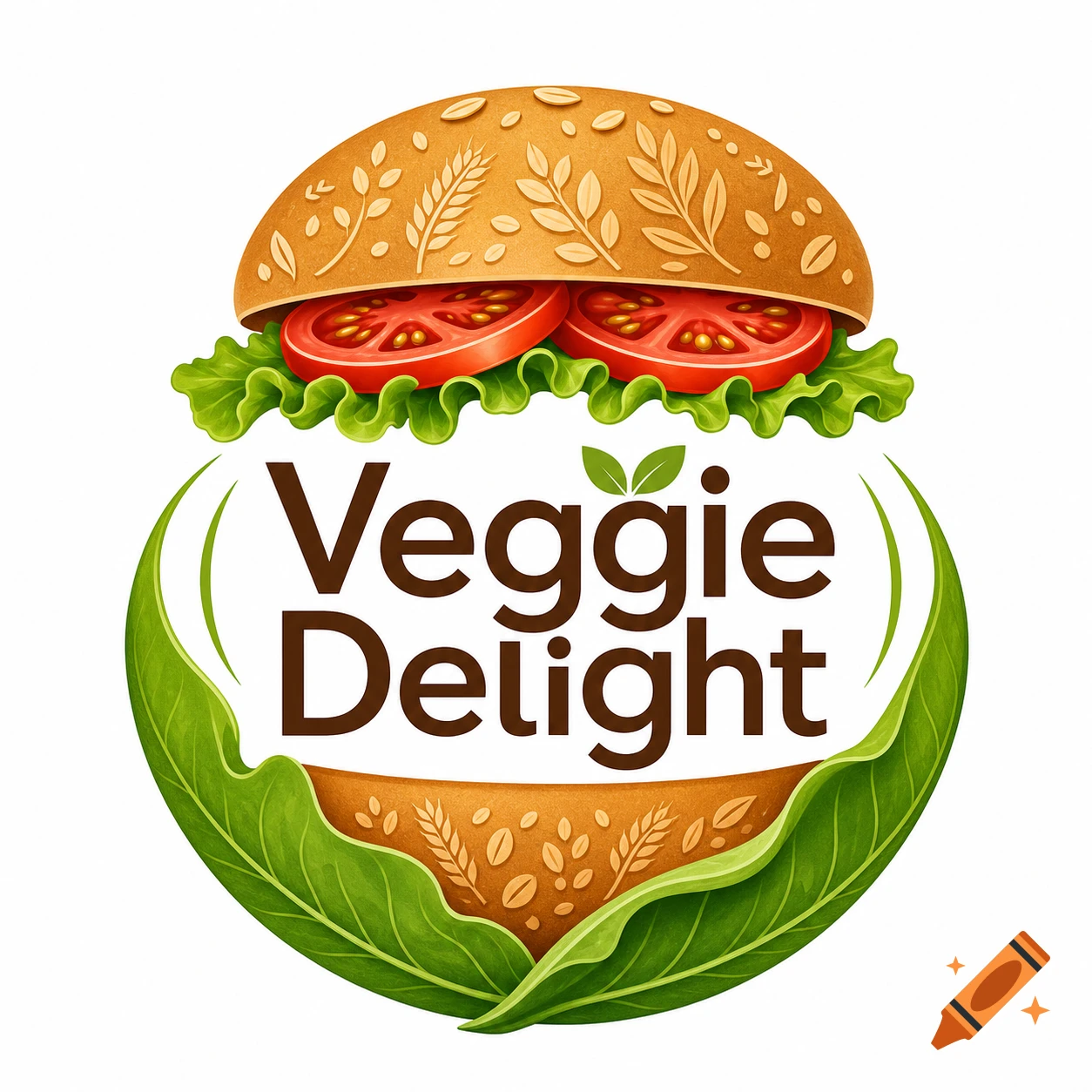 A 'Veggie Delight' logo with a cartoon vegetarian burger, featuring lettuce, tomato, and grain patterns on the bun, framed by green leaves.