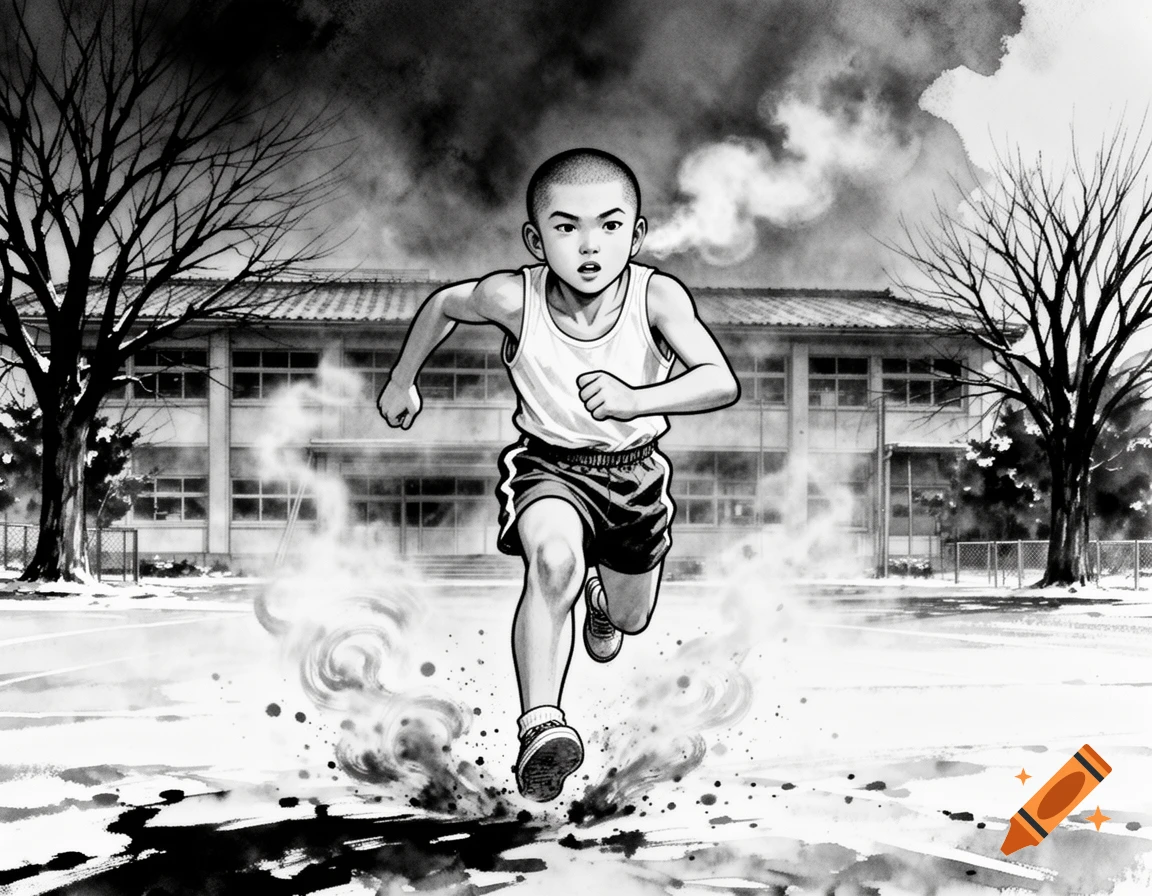 Monochrome ink wash painting of a young boy running intensely on a school playground in winter, kicking up dust.