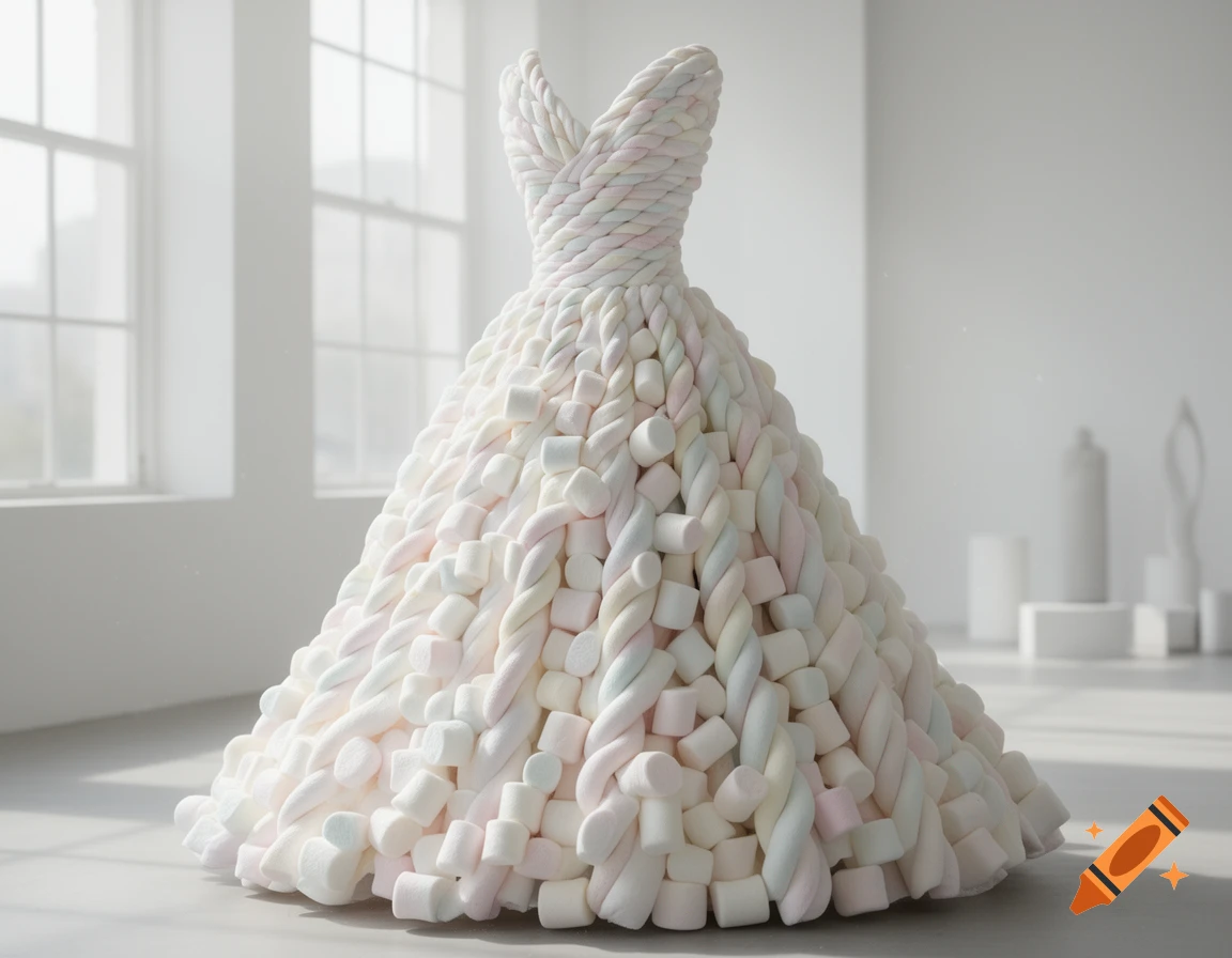 A white dress made of twisted and regular marshmallows stands in a bright, minimalist room.
