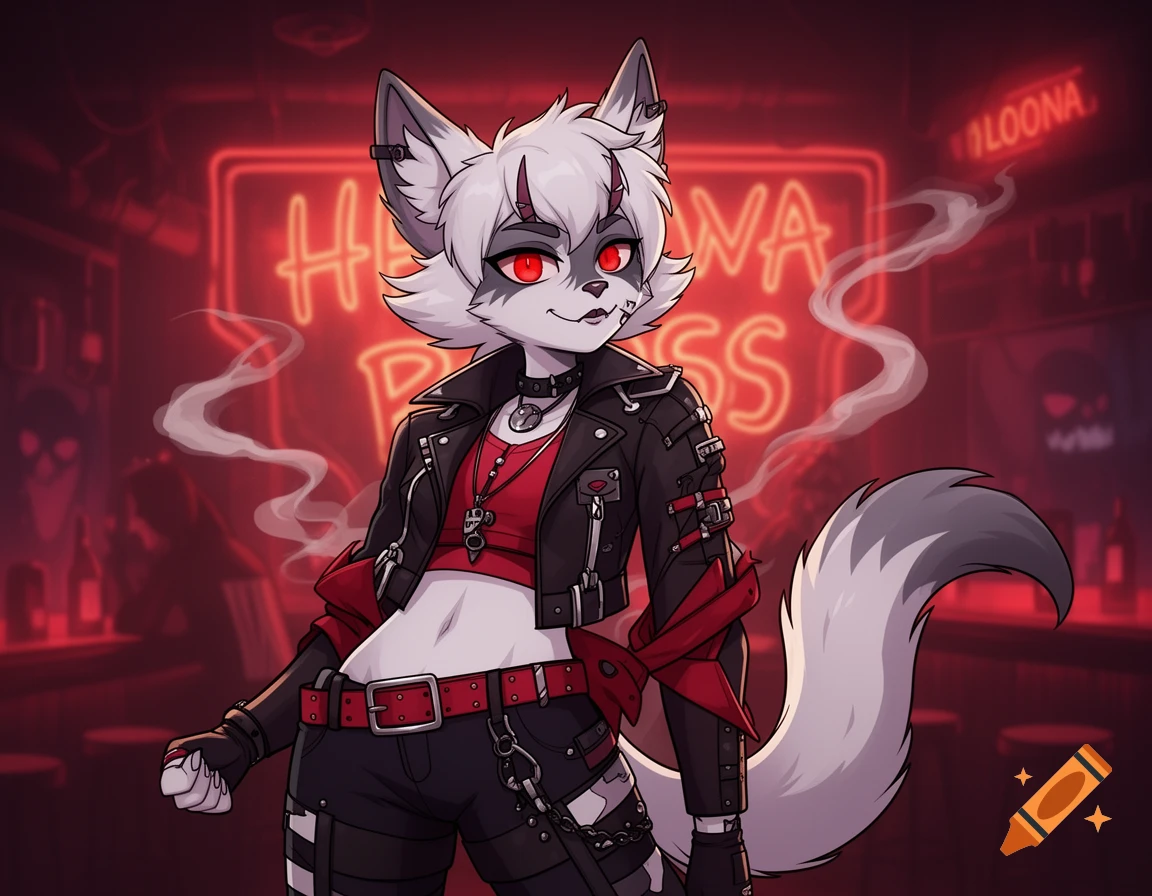 An anthropomorphic white wolf with red eyes in a black leather jacket and crop top stands in a dark red-lit bar.