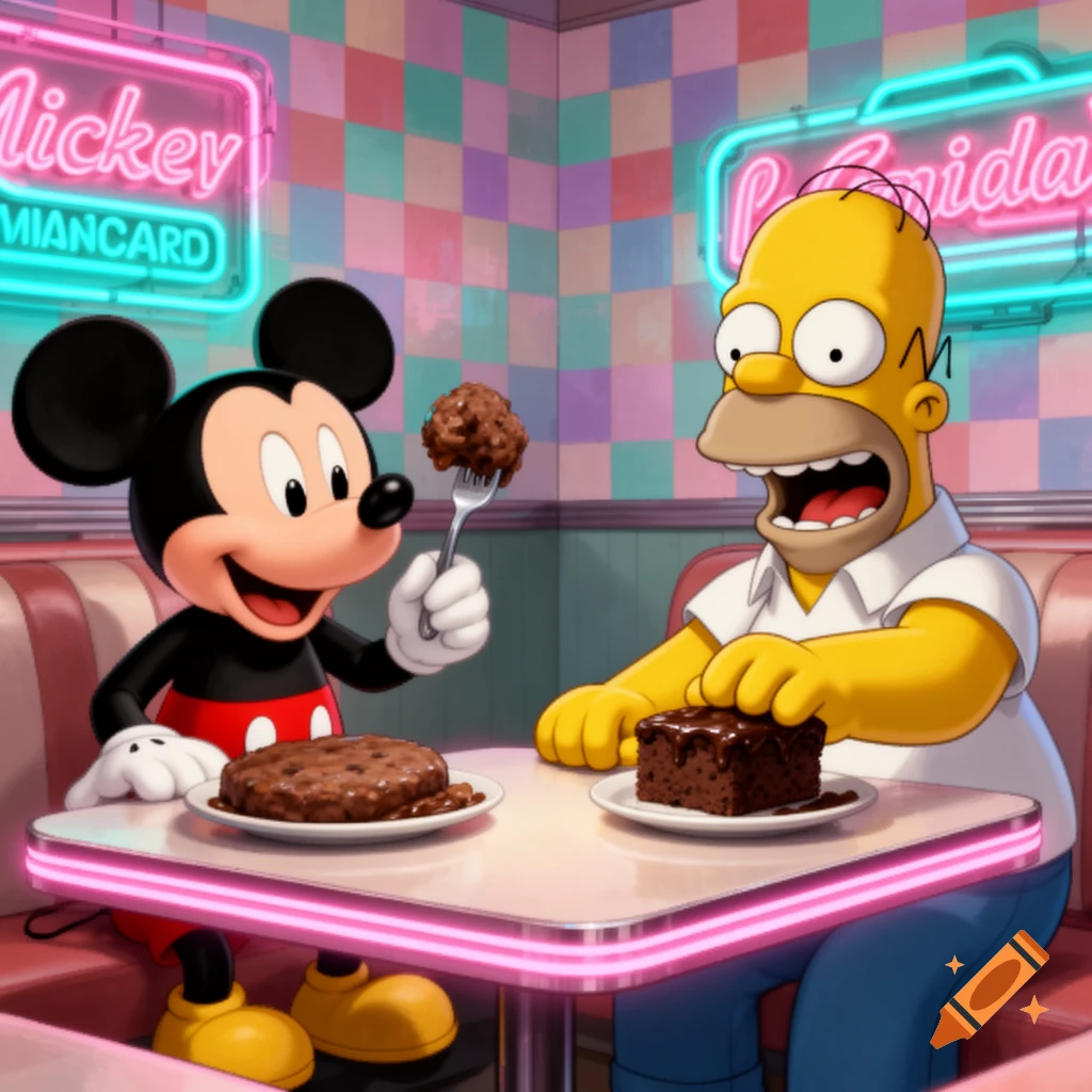 Mickey Mouse, rendered in 3D, and Homer Simpson sit at a table in a retro diner, eating desserts.
