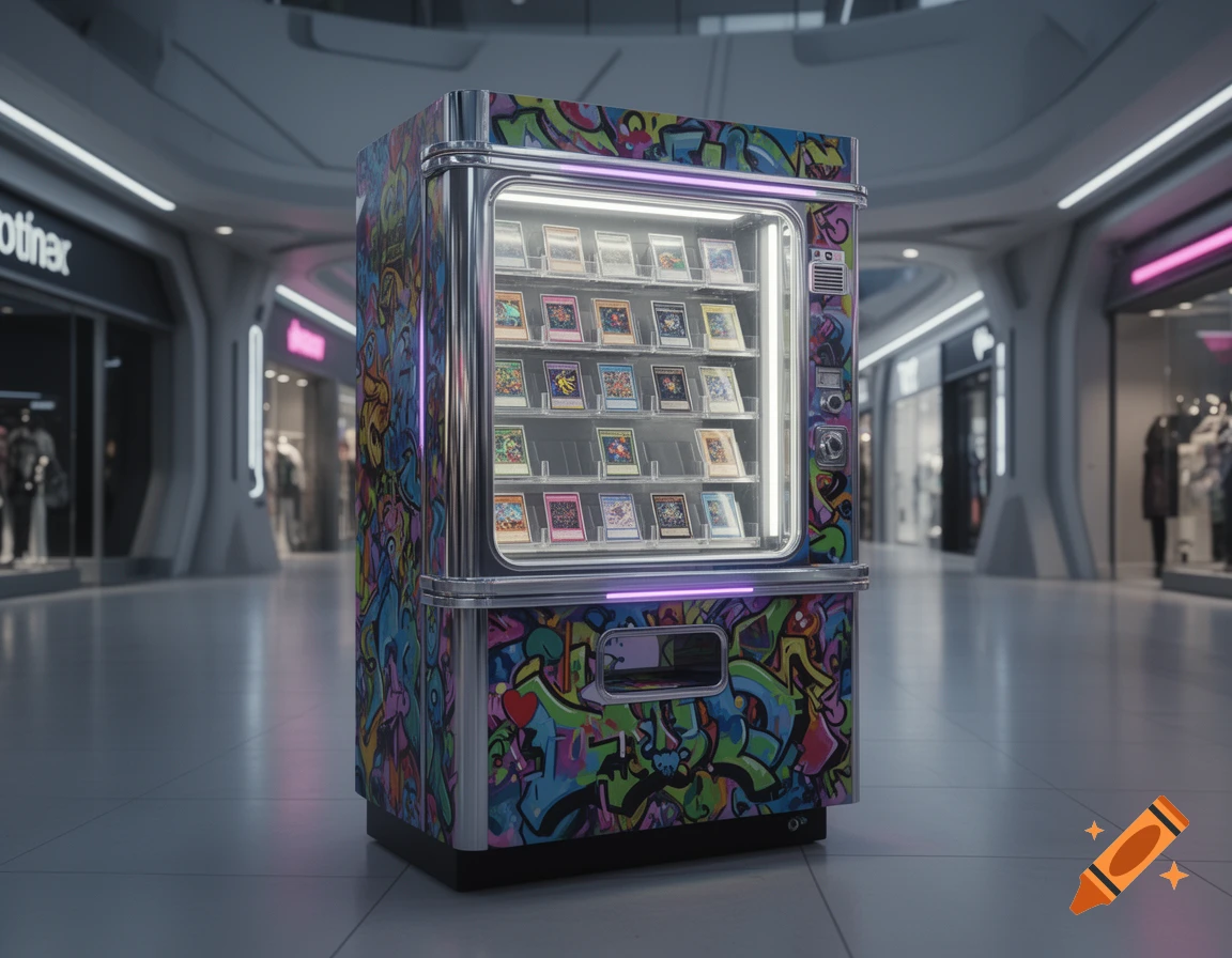 A colorful graffiti-covered vending machine displaying trading cards sits in a futuristic shopping mall with neon lights.