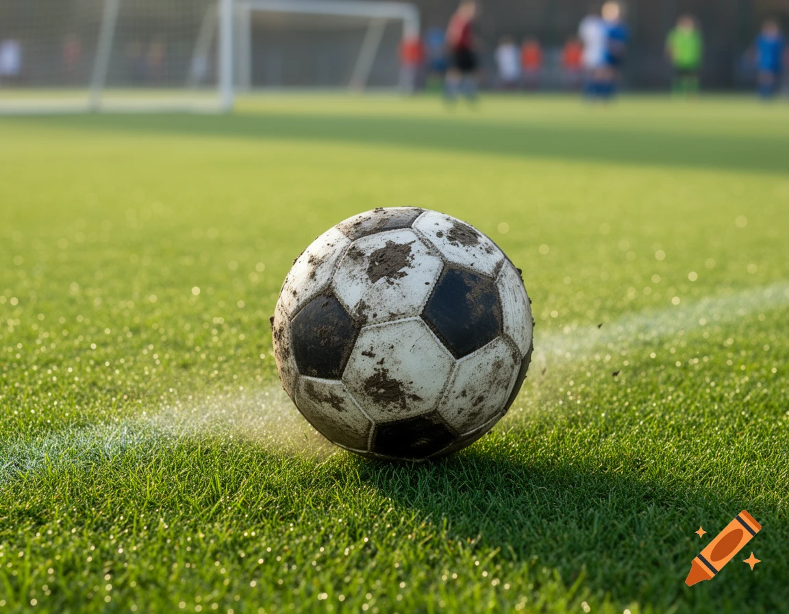 A close-up of a muddy soccer ball on a green grass field with a white line, a blurred goal, and players in the background.