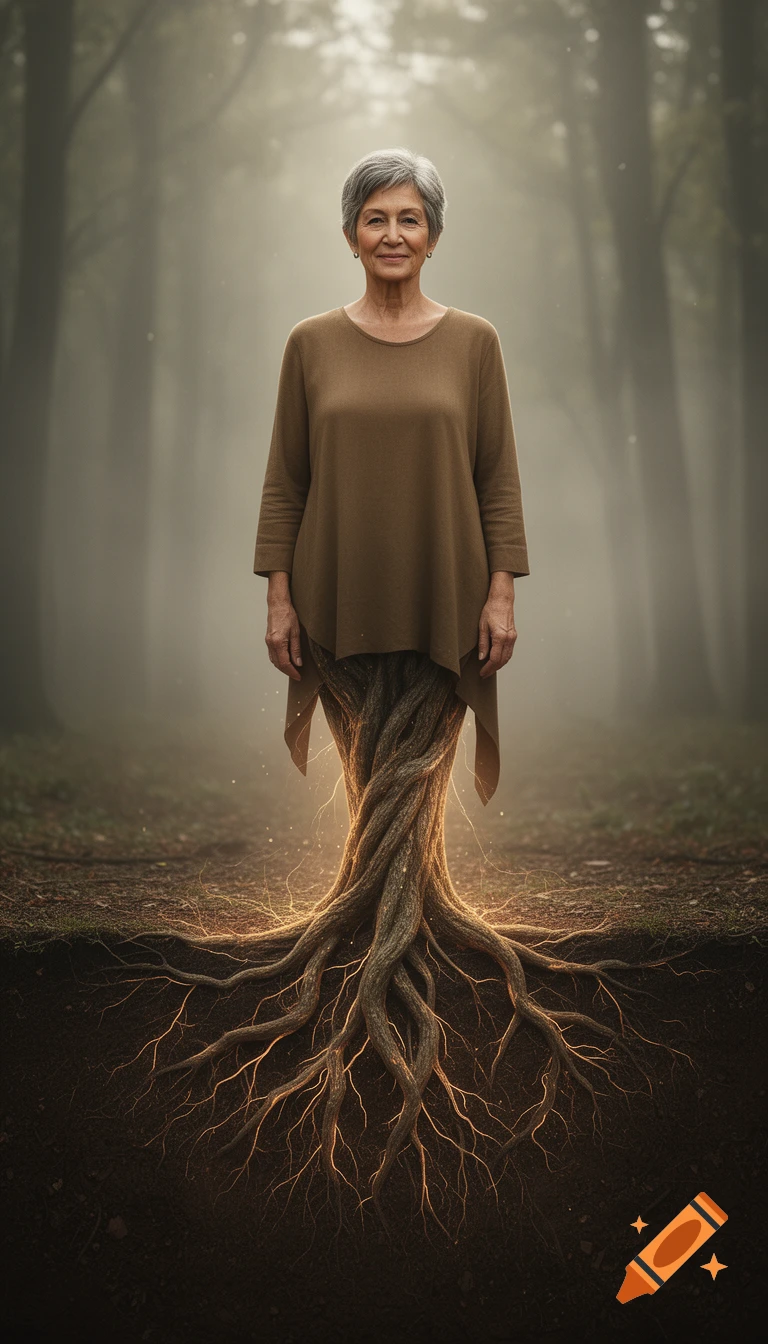 A photorealistic vertical portrait of an elderly woman in earth-toned clothing, her legs transforming into glowing tree roots in a misty forest.