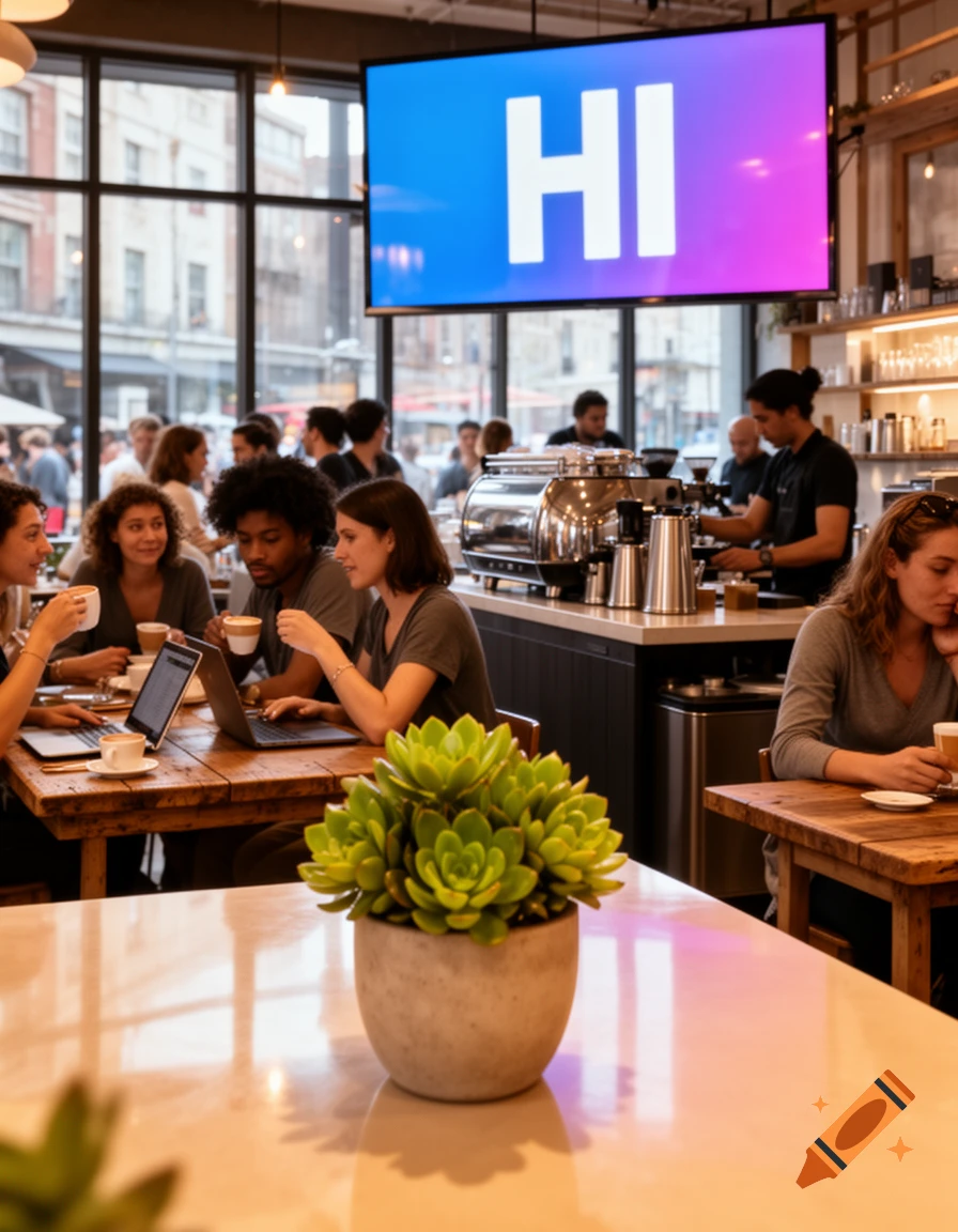 People chatting and working on laptops in a busy modern coffee shop, with a large screen displaying "HI" above the counter.