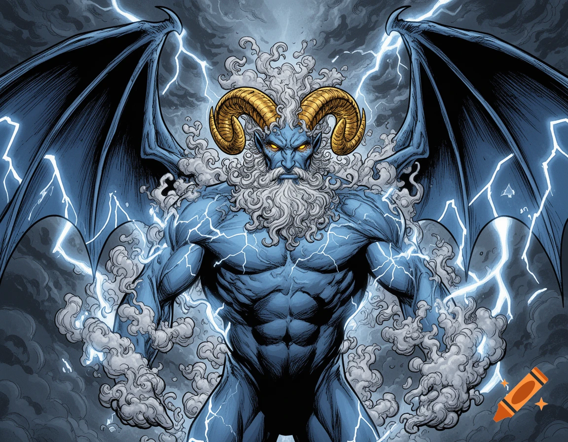 Comic art of a muscular blue storm creature with golden ram horns, bat wings, cloudy beard, and lightning.
