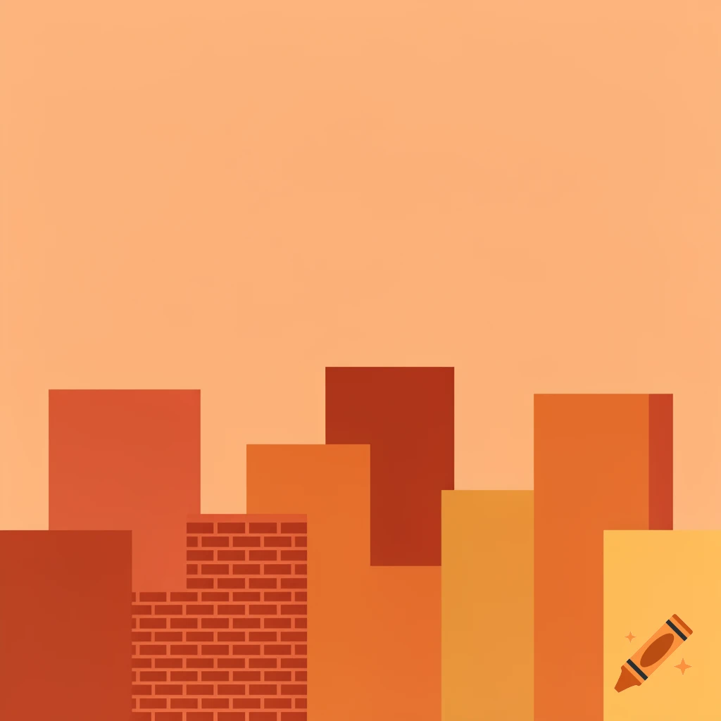 A minimalist digital drawing of a city skyline with rectangular buildings in warm terracotta, brick red, burnt orange, and golden yellow against a peach sky.