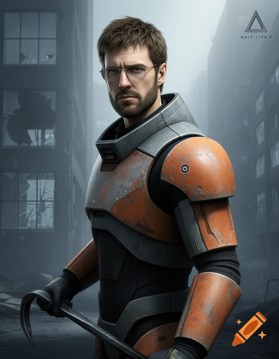 A photorealistic portrait of Gordon Freeman from Half-Life 2, wearing an orange and grey HEV suit, holding a crowbar in a ruined city.