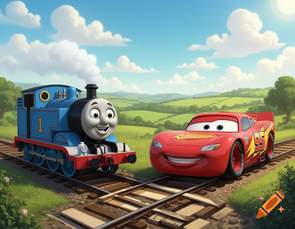 Thomas the Tank Engine and Lightning McQueen meet on train tracks in a sunny, green countryside.