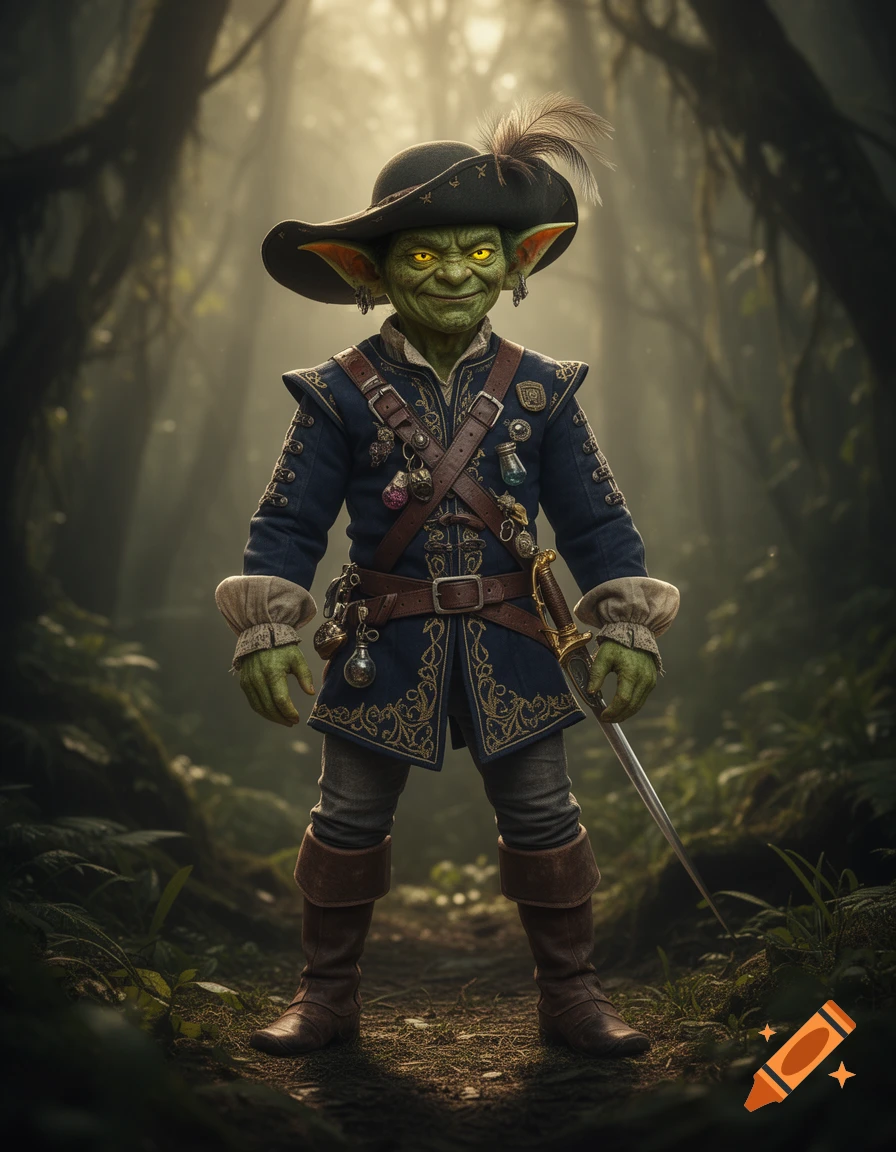 A full-body shot of a green-skinned goblin adventurer with glowing yellow eyes, wearing a blue swashbuckler coat and hat, standing in a misty forest.