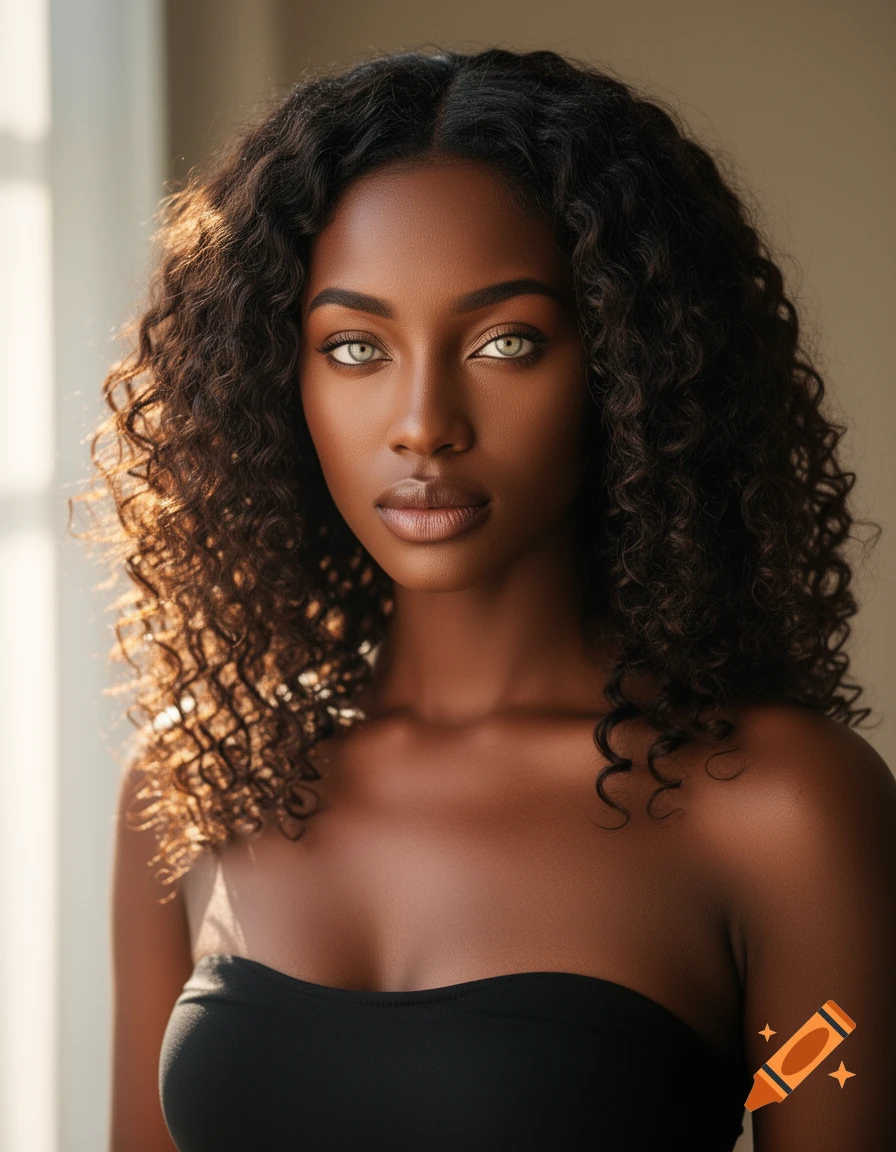 A photorealistic portrait of a woman with dark skin, curly hair, and striking light eyes, wearing a black strapless top, bathed in sunlight.